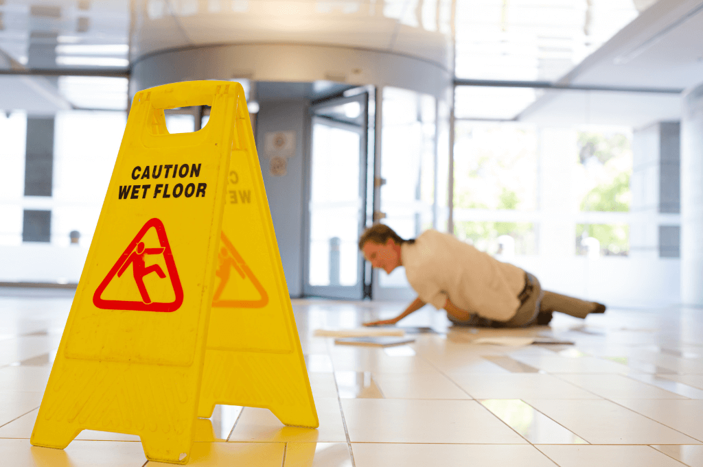 caution wet floor sign in a school