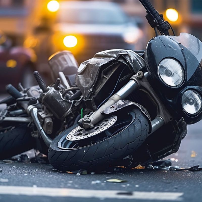 Crashed motorcycle on street with damaged parts, surrounded by debris, blurred traffic in background at dusk.