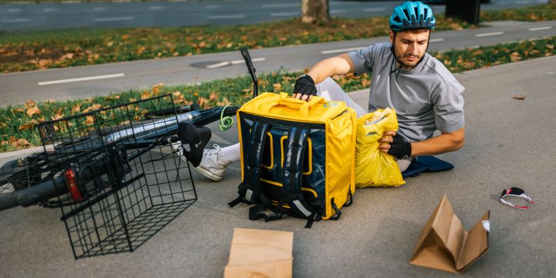Cyclist in blue helmet sits on ground beside fallen bike, gathering items from a yellow delivery bag. Road in background.