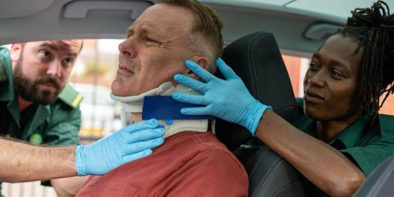 Man in car getting head bandaged