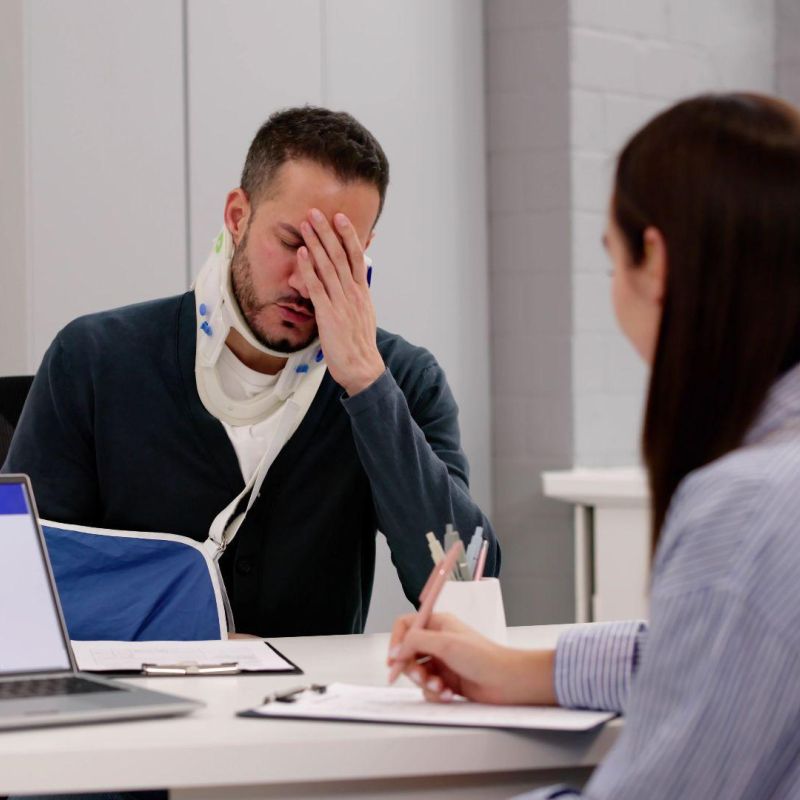 Injured man with neck brace at desk, signing health insurance claim with a consultant in an office setting.