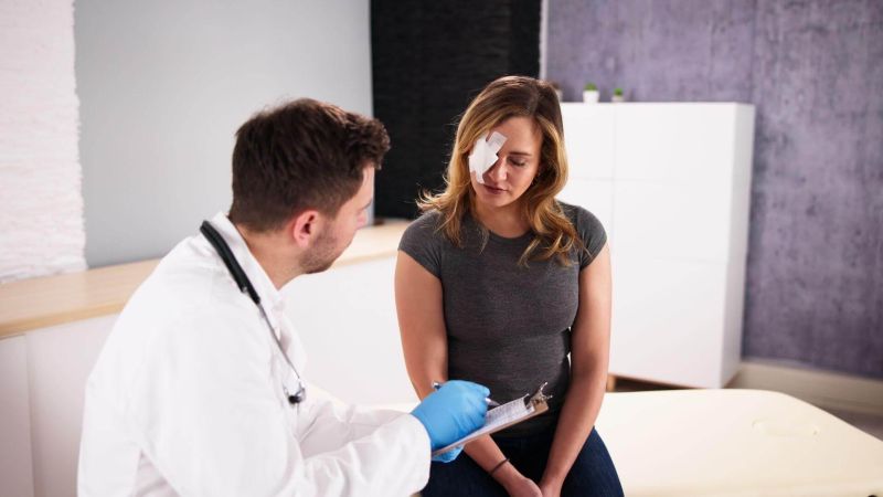 a doctor examines a patient's eye in a room