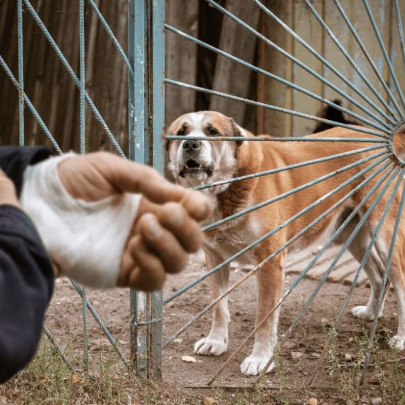 Injured person stands by gate with a barking dog behind metal bars, outside a rustic yard.