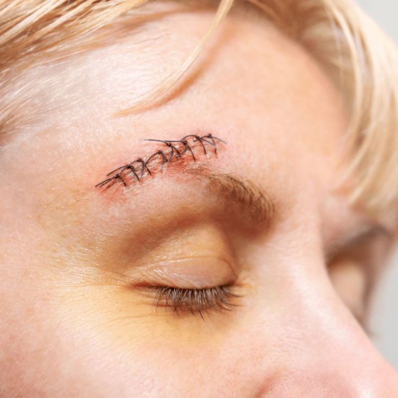 Close-up of eyebrow stitches on closed eyelid, showcasing post-surgery healing process for a facial injury.