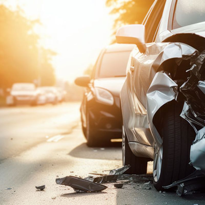 Damaged car on sunny road after accident, highlighting traffic safety concerns and road awareness.