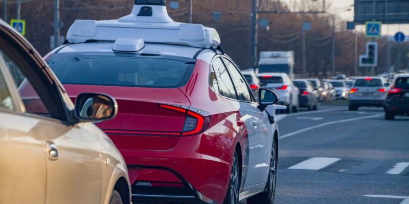 Self-driving red car by traffic light on city street
