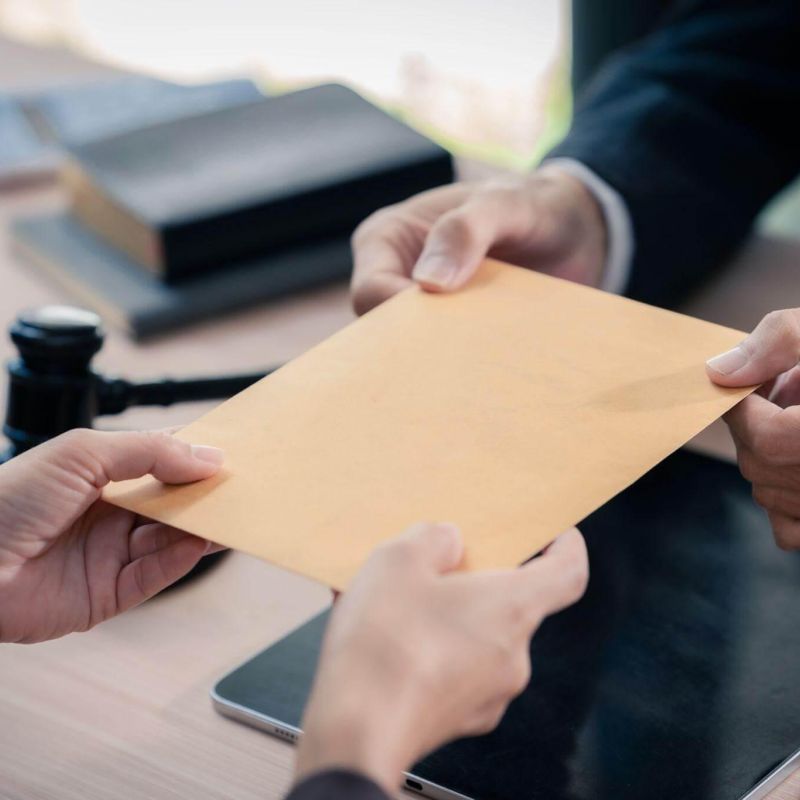 two people sitting at a table holding a piece of paper