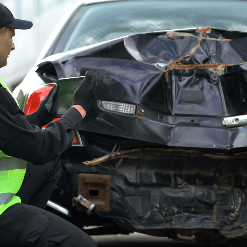 Inspector assessing rear-end damage on a black car in an accident.