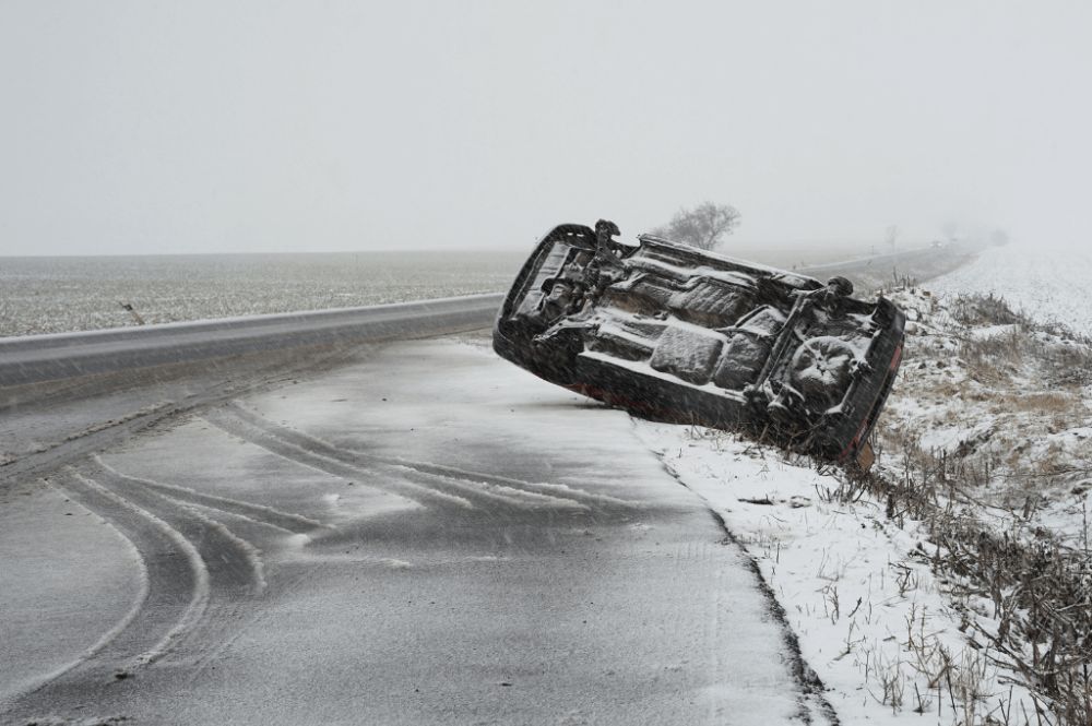 Overturned car in snowy roadside ditch, highlighting winter driving hazards and safety precautions in icy conditions.