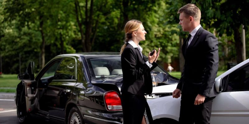 a man and a woman standing in front of two crashed cars, they are arguing