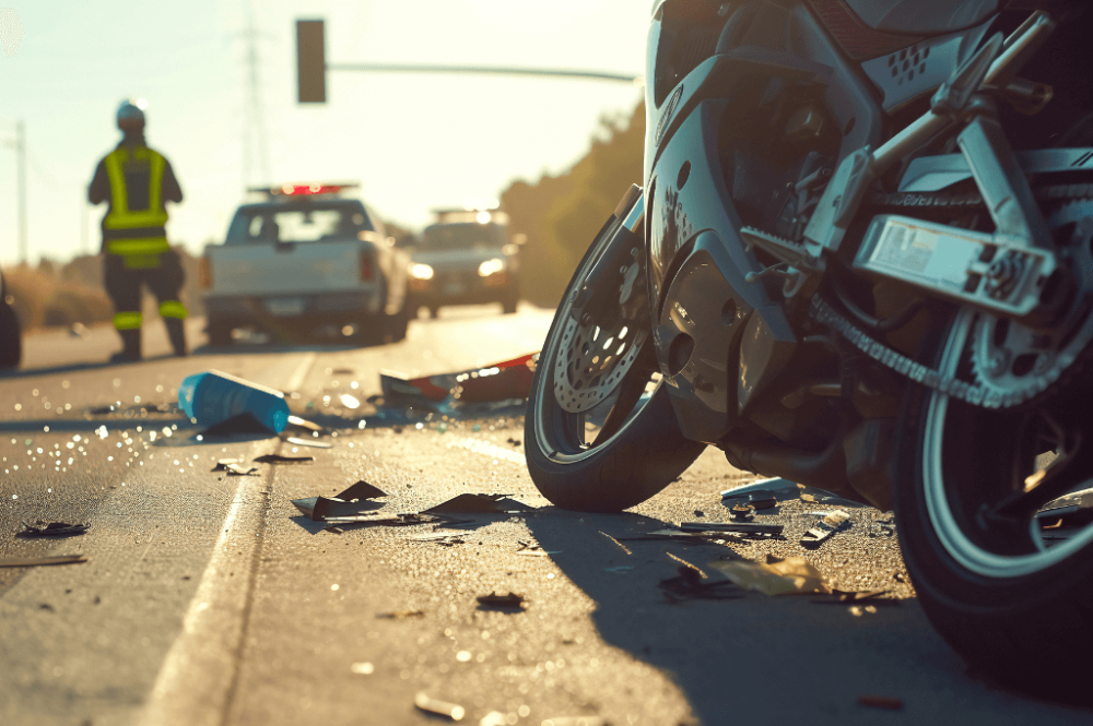 motorcycle wreckage at an four way intersection