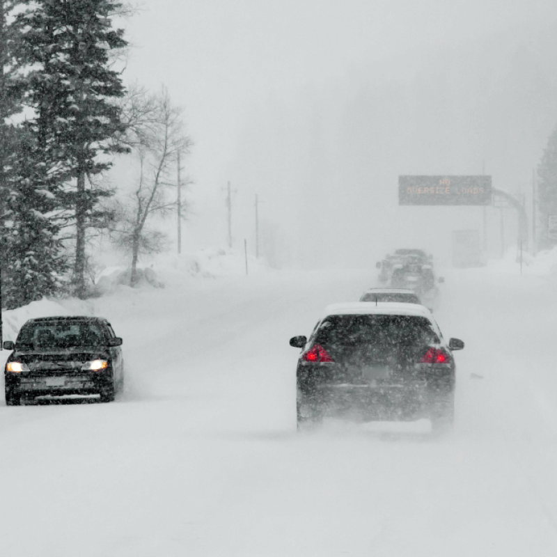 two cars driving in a blizzard on snow covered roads between trees