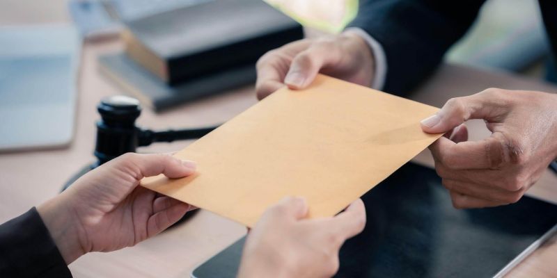 two people sitting at a table holding a piece of paper