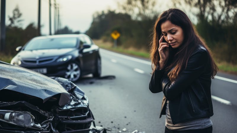 A distressed woman talks on the phone next to a wrecked car on a roadside, with another car visible in the background.