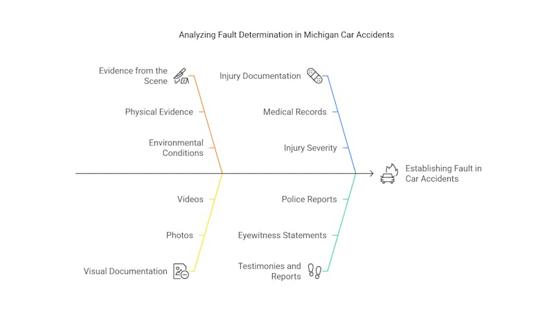 Flowchart outlining factors in determining fault in Michigan car accidents. It includes categories like evidence, injury documentation, and police reports, with arrows connecting them to establish fault.