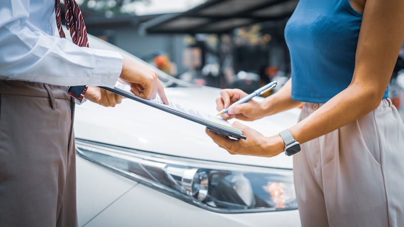 | Matz Injury Law Two people signing documents in front of a white car, indicating a car insurance or sales transaction.