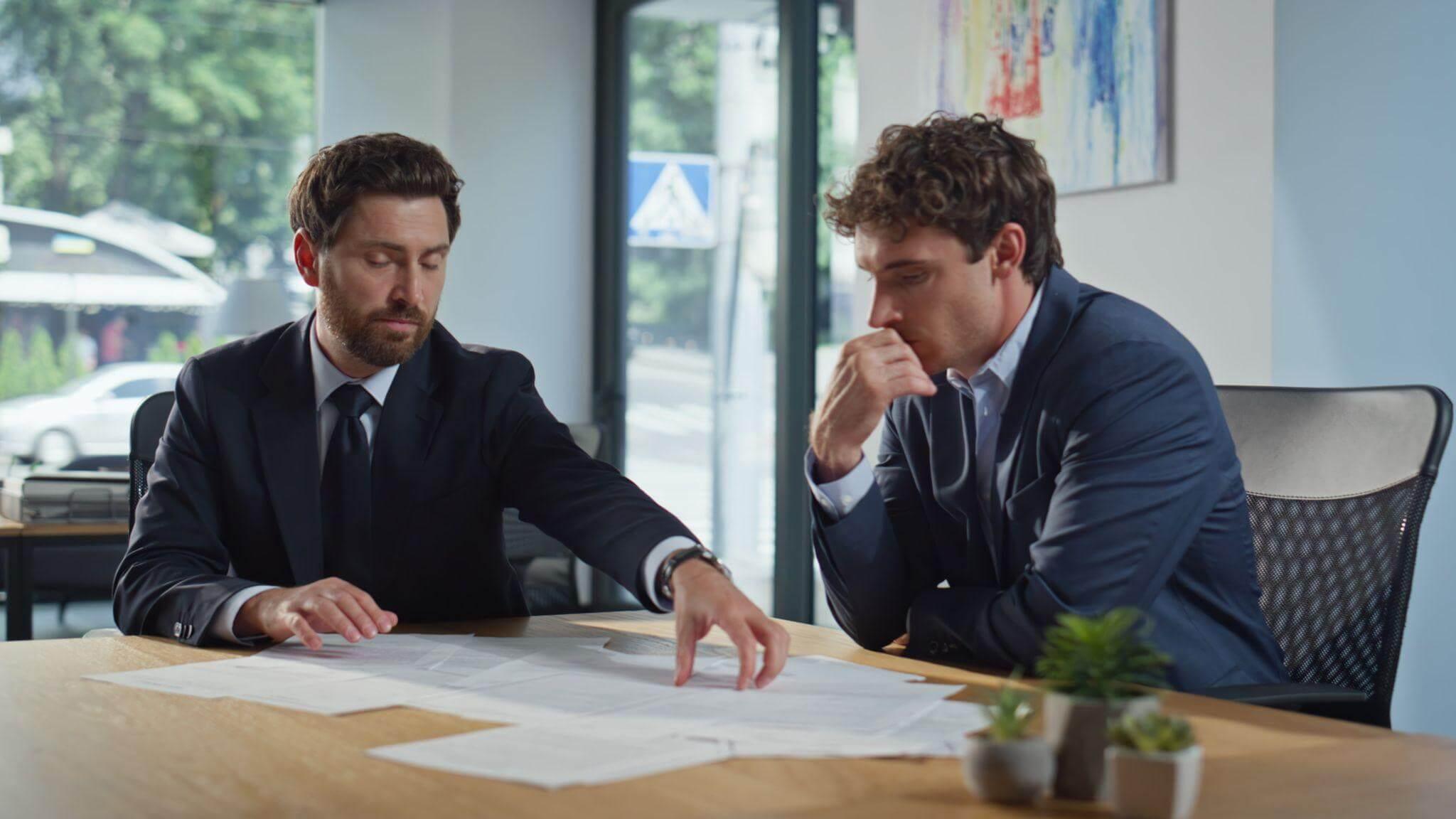 two men sitting at a table looking at papers