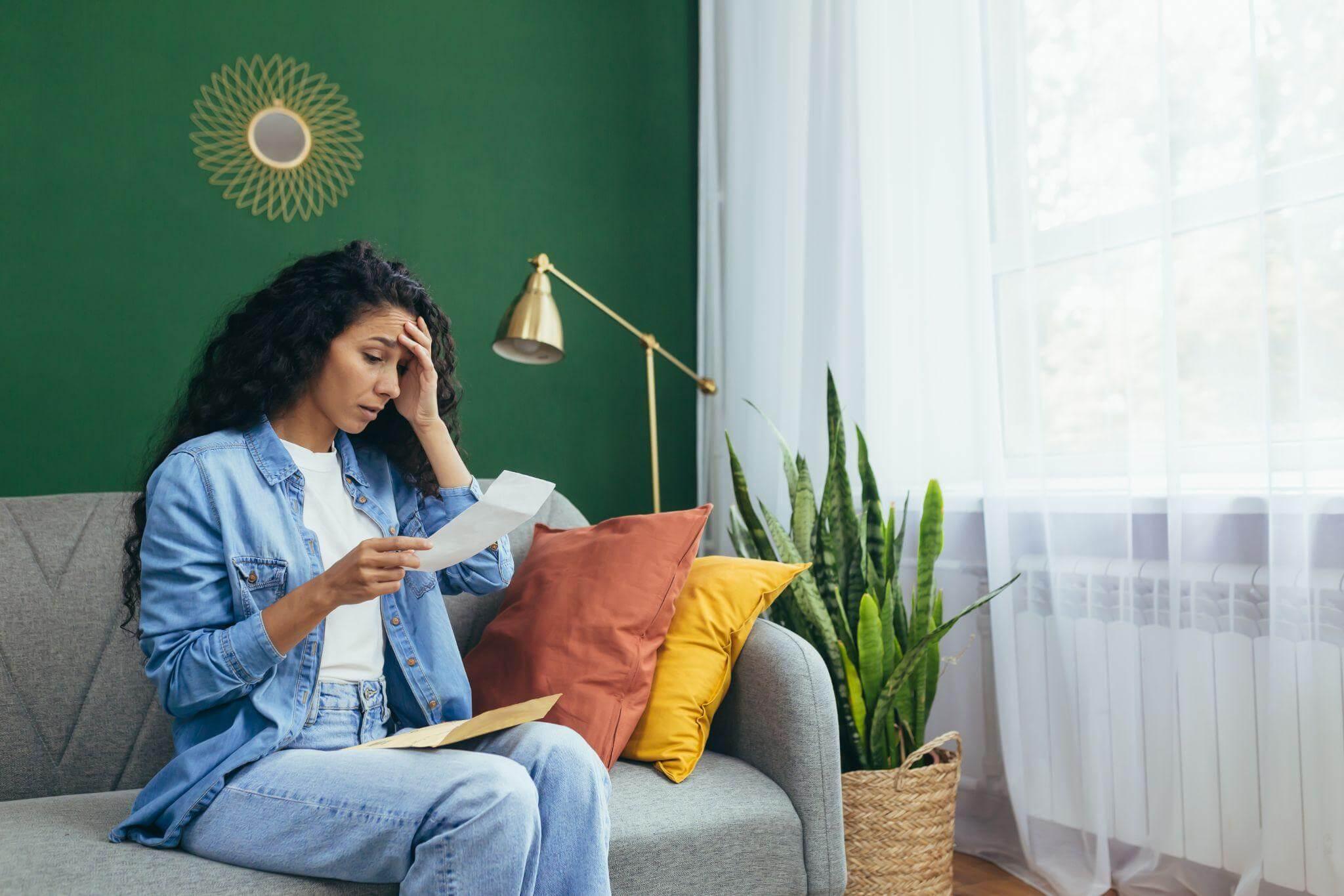 A woman reading a letter on a couch, he is visibly worried