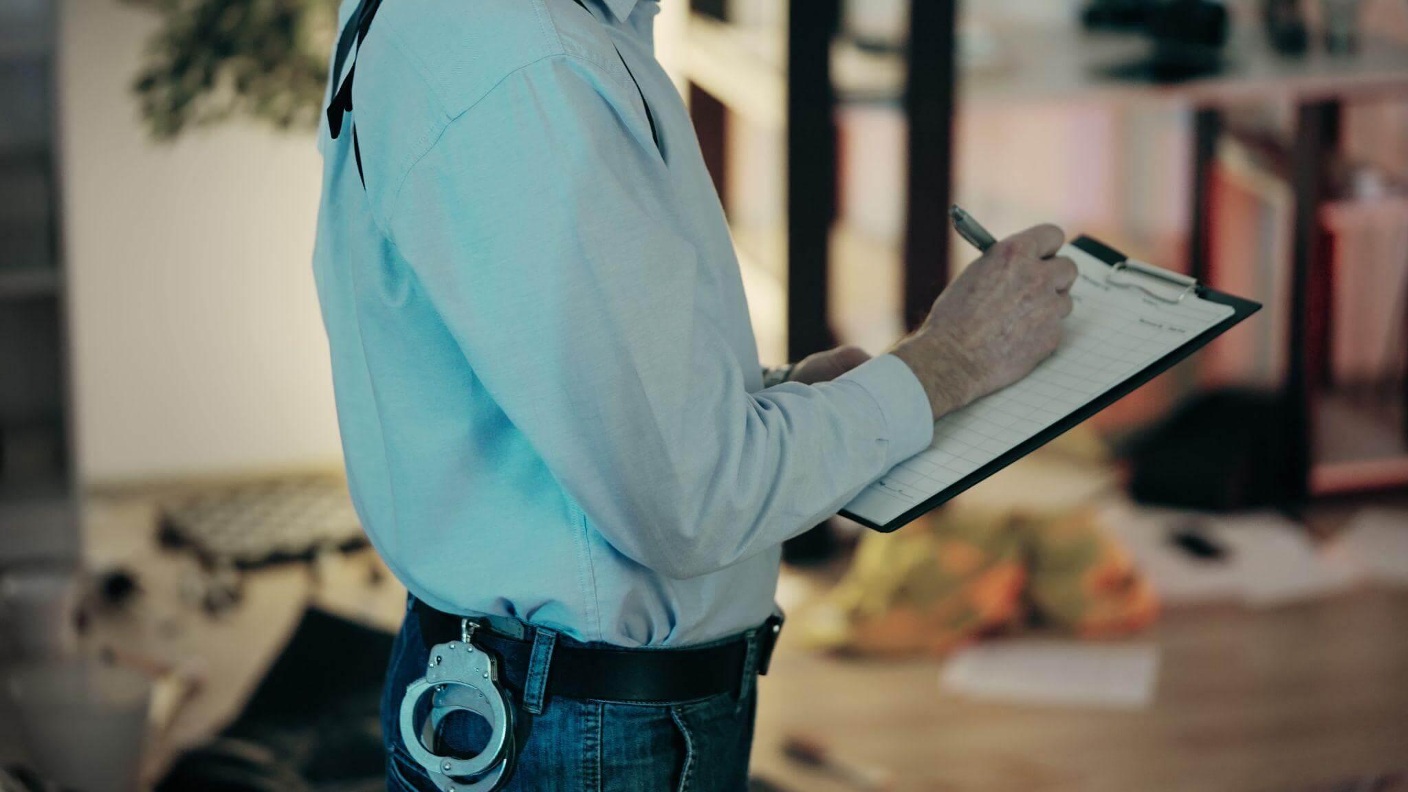 Man in blue shirt writing on clipboard