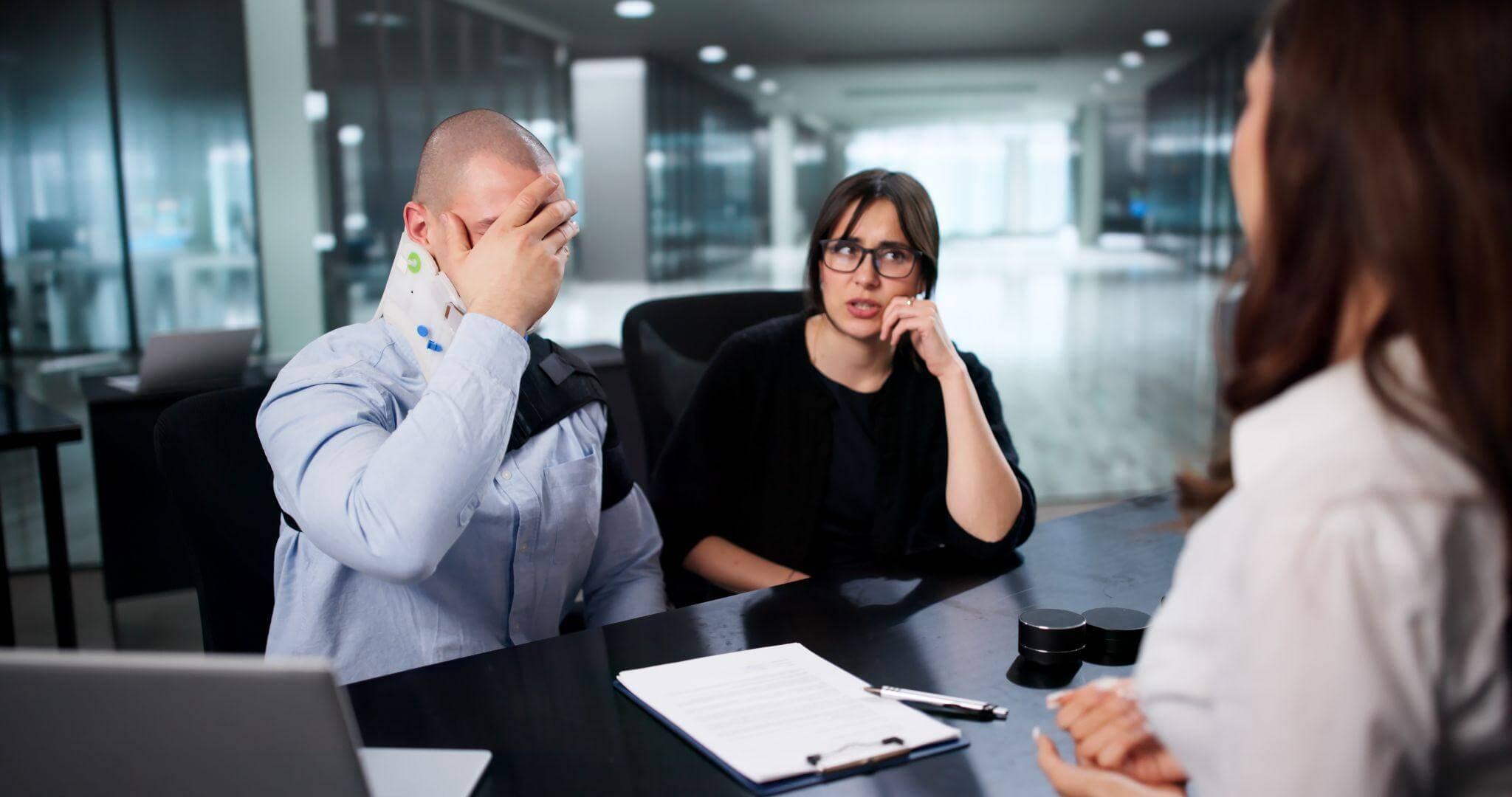 a man and woman sitting at a table in an office, the man is wearing a neck brace and looks distressed