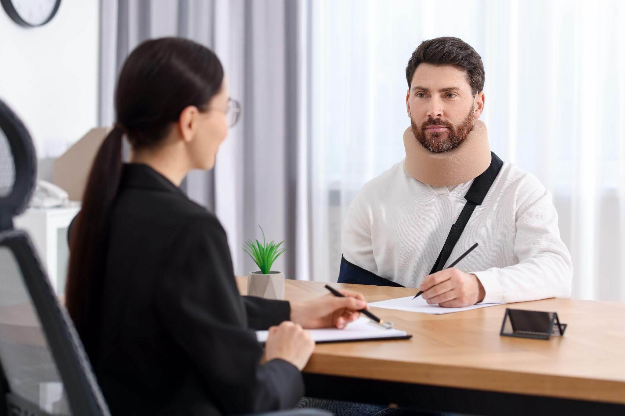 a man sitting at a desk in front of a woman, the man is wearing an arm cast