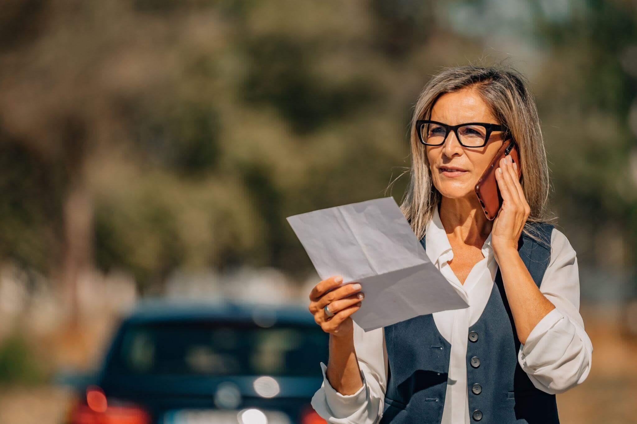Woman on phone with paper discussing rental car insurance